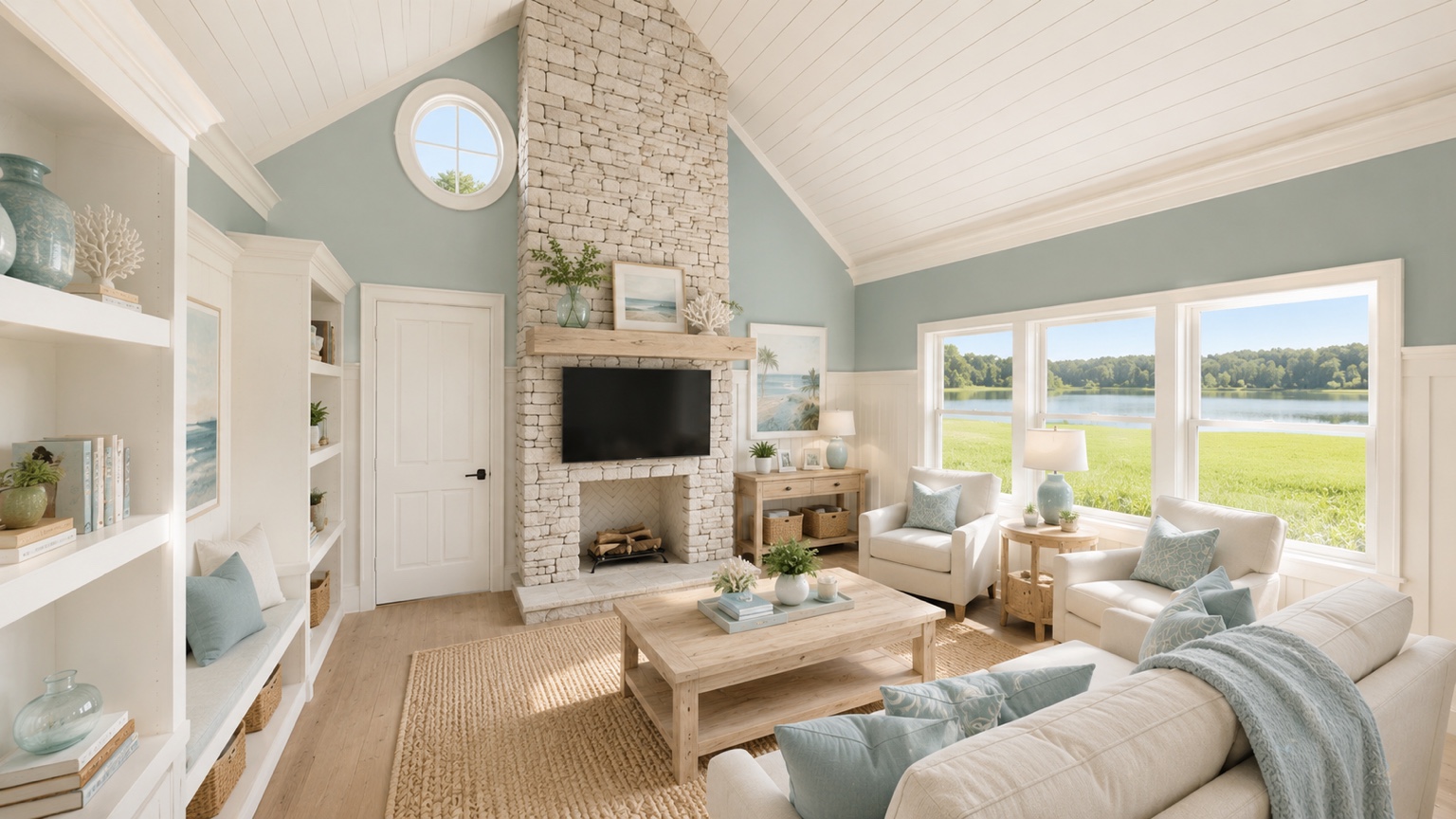 Private family sitting room visualization with stone fireplace and water view