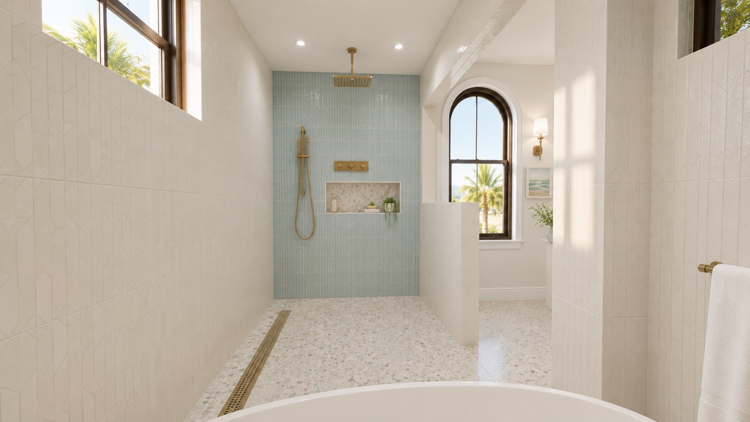 Primary bathroom visualization with freestanding tub and shower