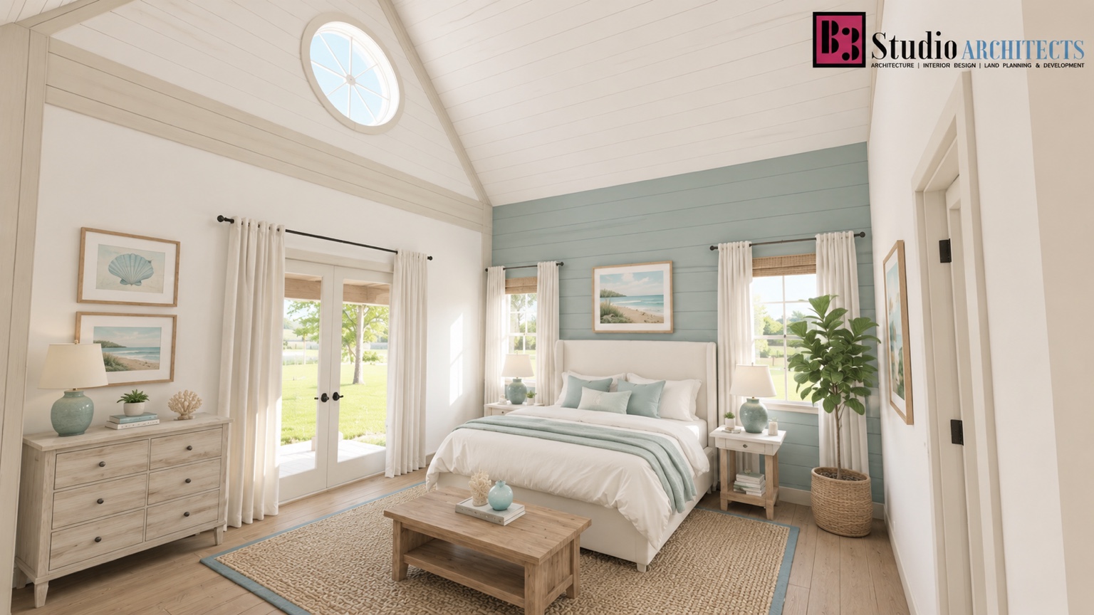 Primary bedroom visualization with vaulted ceiling