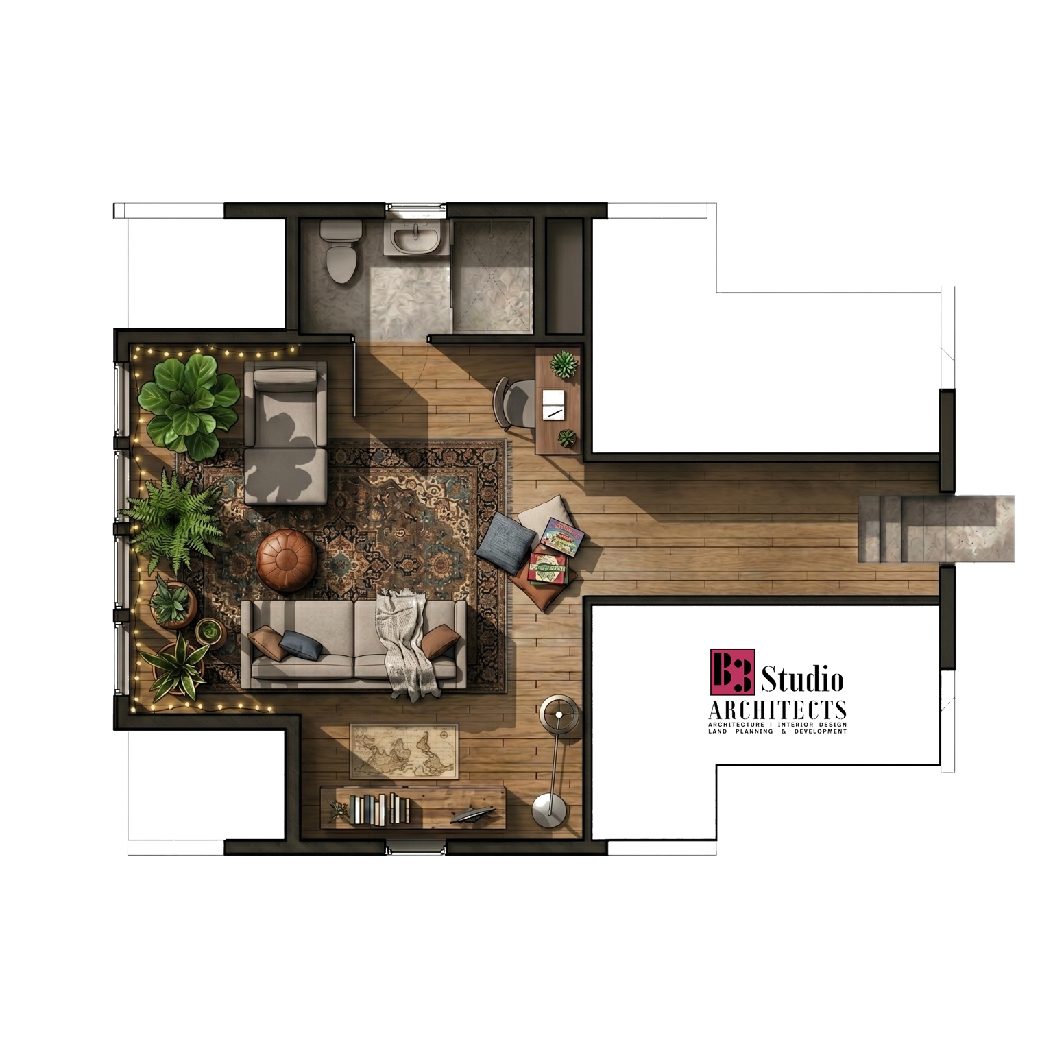 Furnished upper-level suite floor plan rendering for 2 Blake Lane